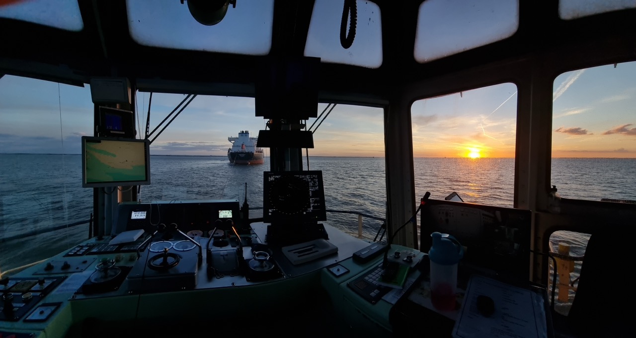 Bridge of a ship in the sunset